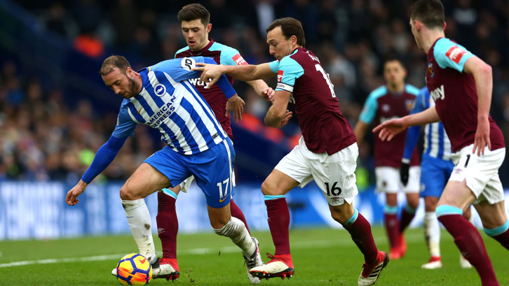 BRIGHTON, ENGLAND - FEBRUARY 03: Glenn Murray of Brighton and Hove Albion breaks away from Mark Noble of West Ham United during the Premier League match between Brighton and Hove Albion and West Ham United at Amex Stadium on February 3, 2018 in Brighton, England. (Photo by Steve Bardens/Getty Images)