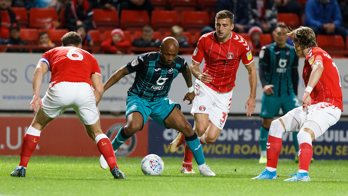 LONDON, ENGLAND - AUGUST 31: Andre Ayew of Swansea City City (2nd L) in action during the Sky Bet Championship match between Charlton Athletic and Swansea City at The Valley on October 02, 2019 in London, England. (Photo by Athena Pictures/Getty Images)