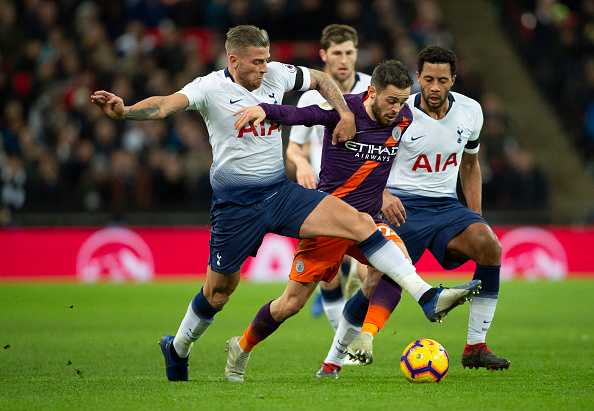 LONDON, ENGLAND - OCTOBER 29: Toby Alderweireld and Mousa Dembele of Tottenham Hotspur and Bernardo Silva of Manchester City during the Premier League match between Tottenham Hotspur and Manchester City at Wembley Stadium on October 29, 2018 in London, United Kingdom. (Photo by Visionhaus/Getty Images)