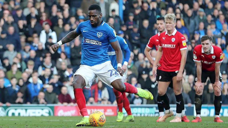 Omar Bogle of Portsmouth takes the penalty but its saved during the League One match between Portsmouth v Barnsley, played at Fratton Park, Portsmouth. 23 Feb 2019